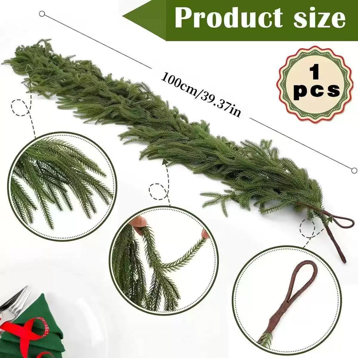 Green decorative branch with measurements and close-up details on a white background