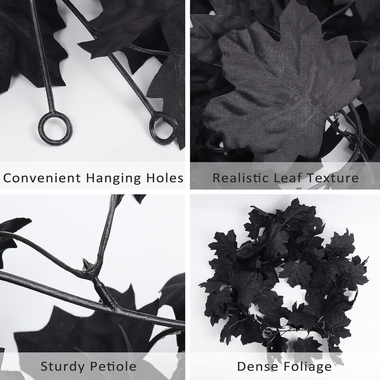 Black artificial leaves with text highlighting features like hanging holes, realistic texture, sturdy petiole, and dense foliage.