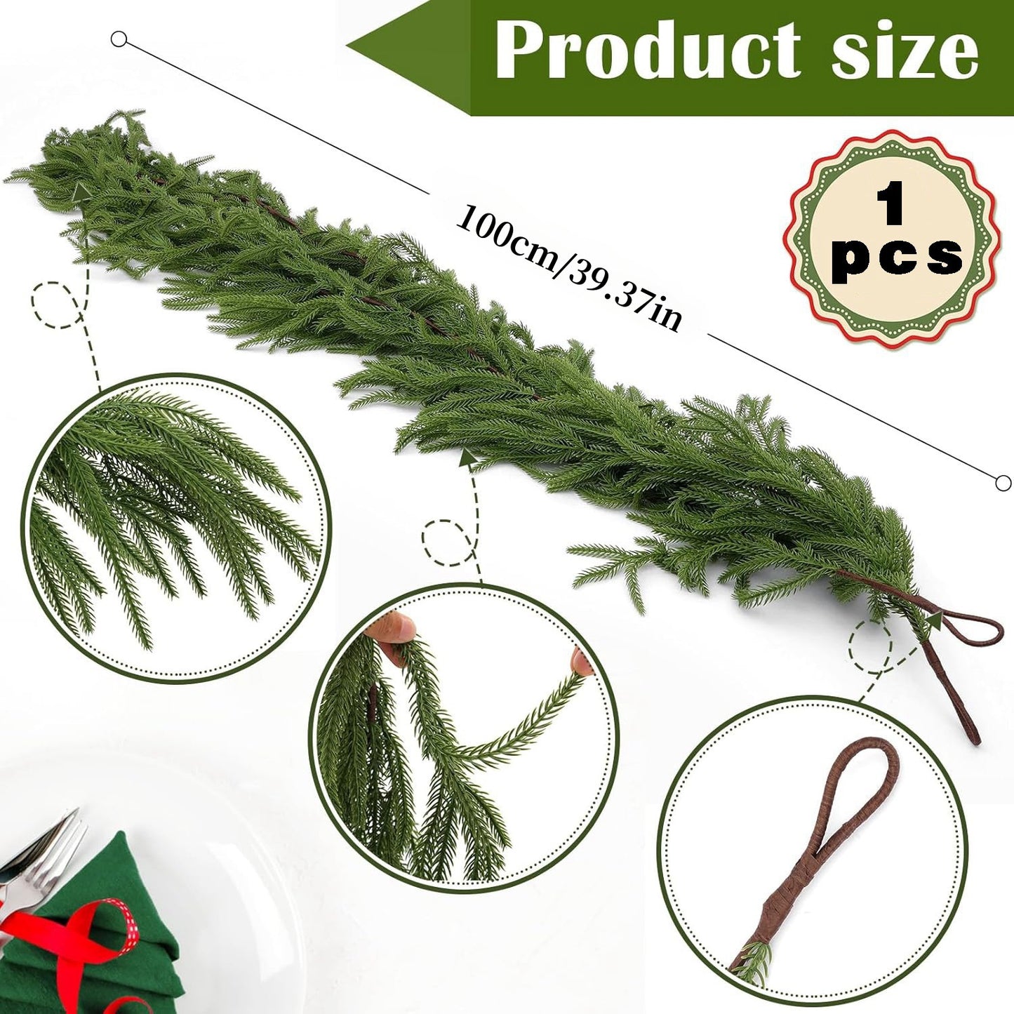 Green decorative branch with measurement details on a white background