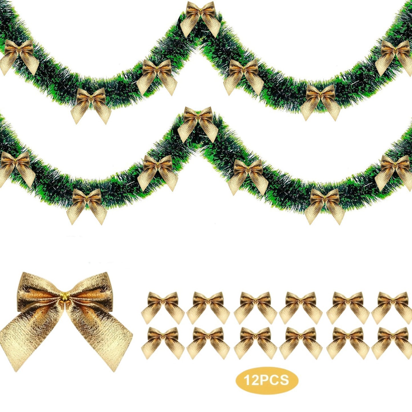 Green Christmas garland with gold bows on a white background