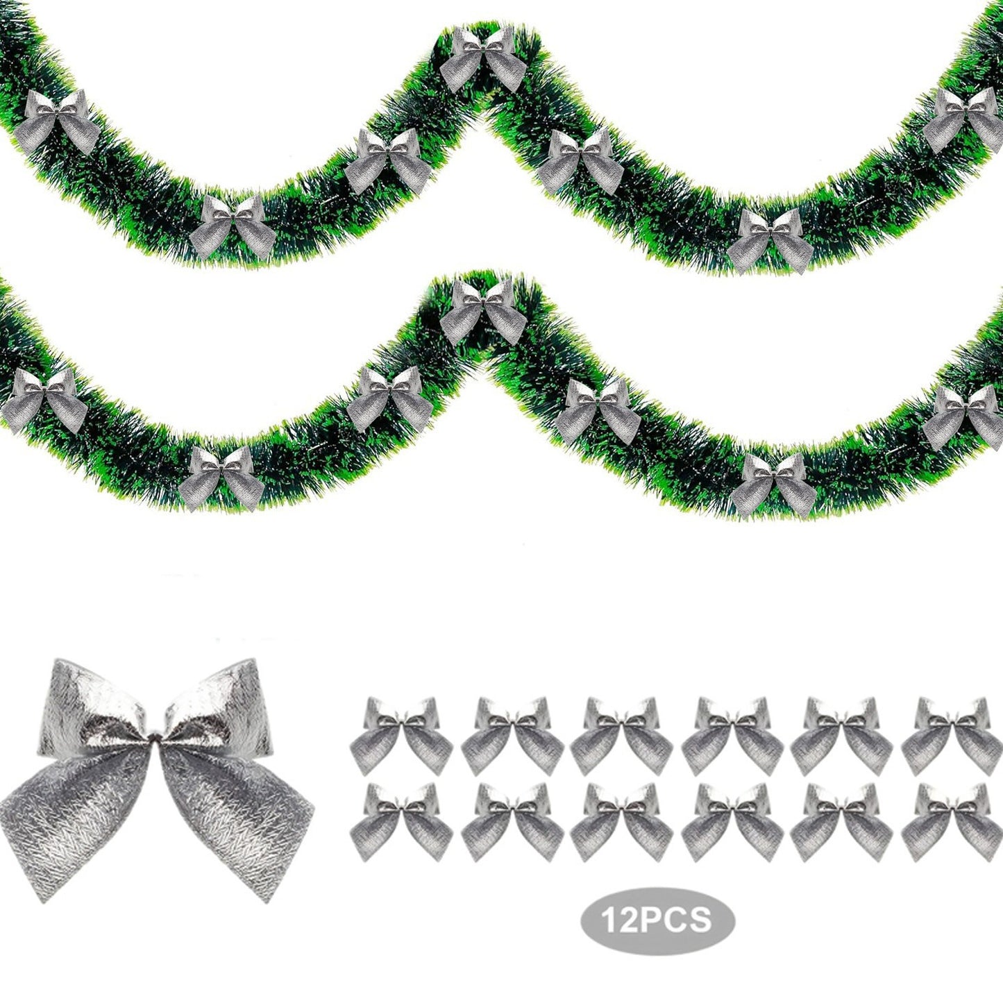 Green tinsel garland with silver bows on a white background