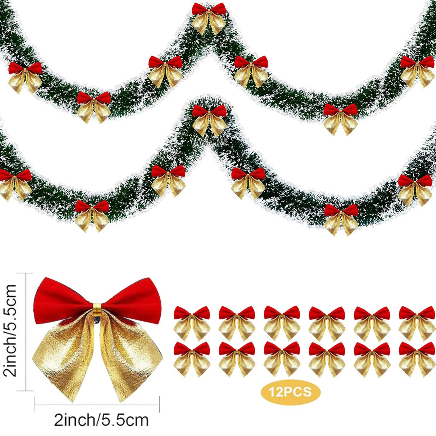 Christmas garland with red and gold bows on a white background, including measurements and quantity details.