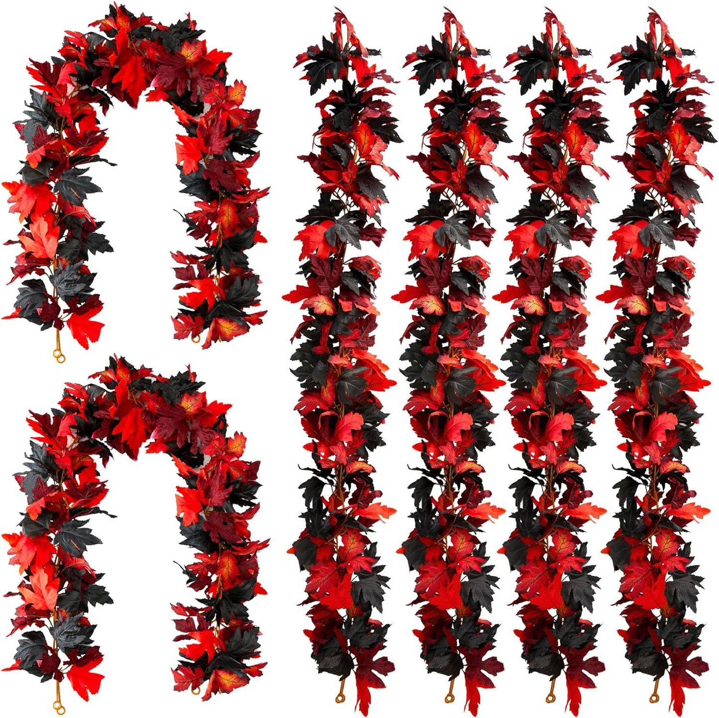 Set of red and black leaf garlands on a white background