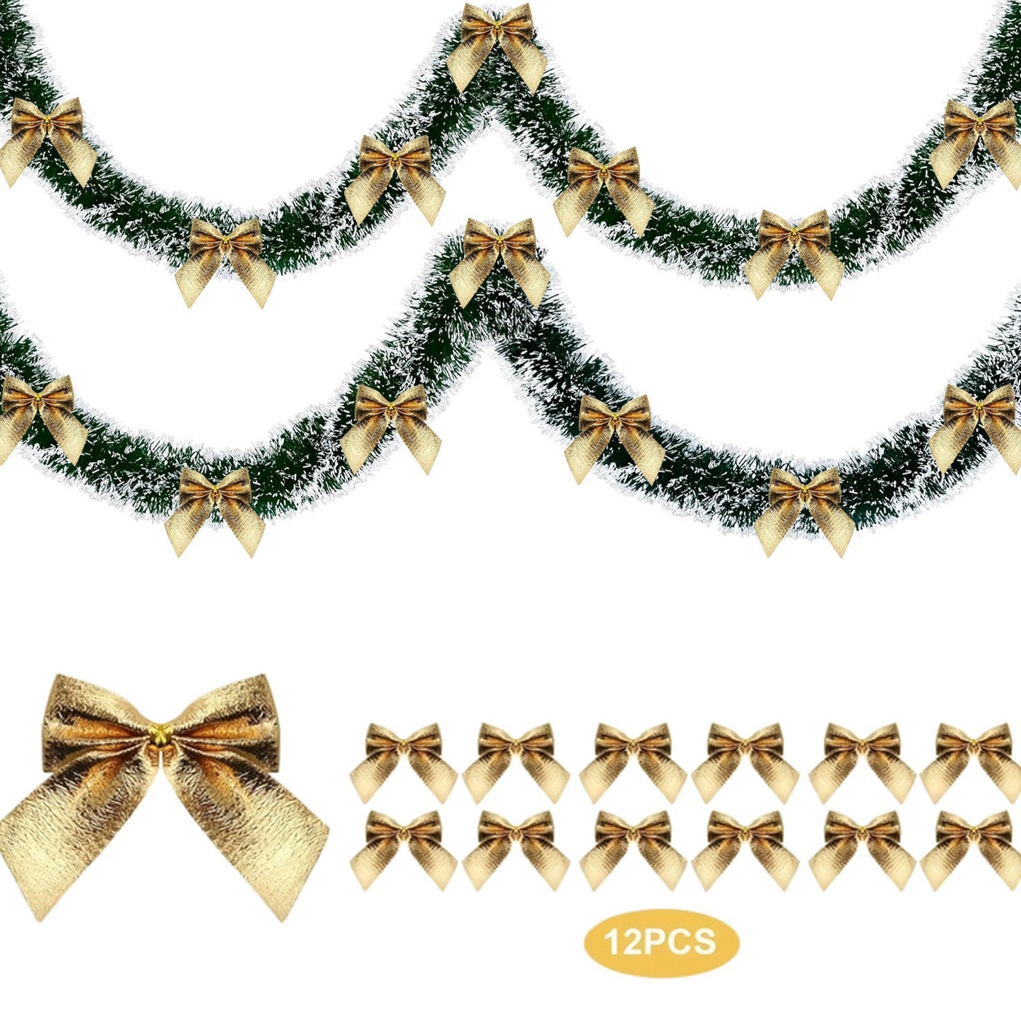 Christmas garland with gold bows and additional gold bows on a white background