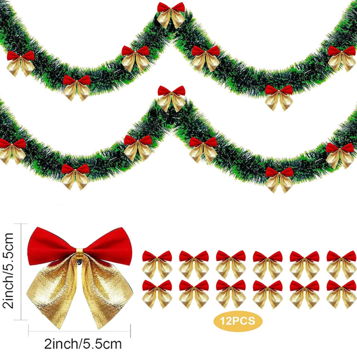Christmas garland with red and gold bows, including a close-up of a bow with measurements.