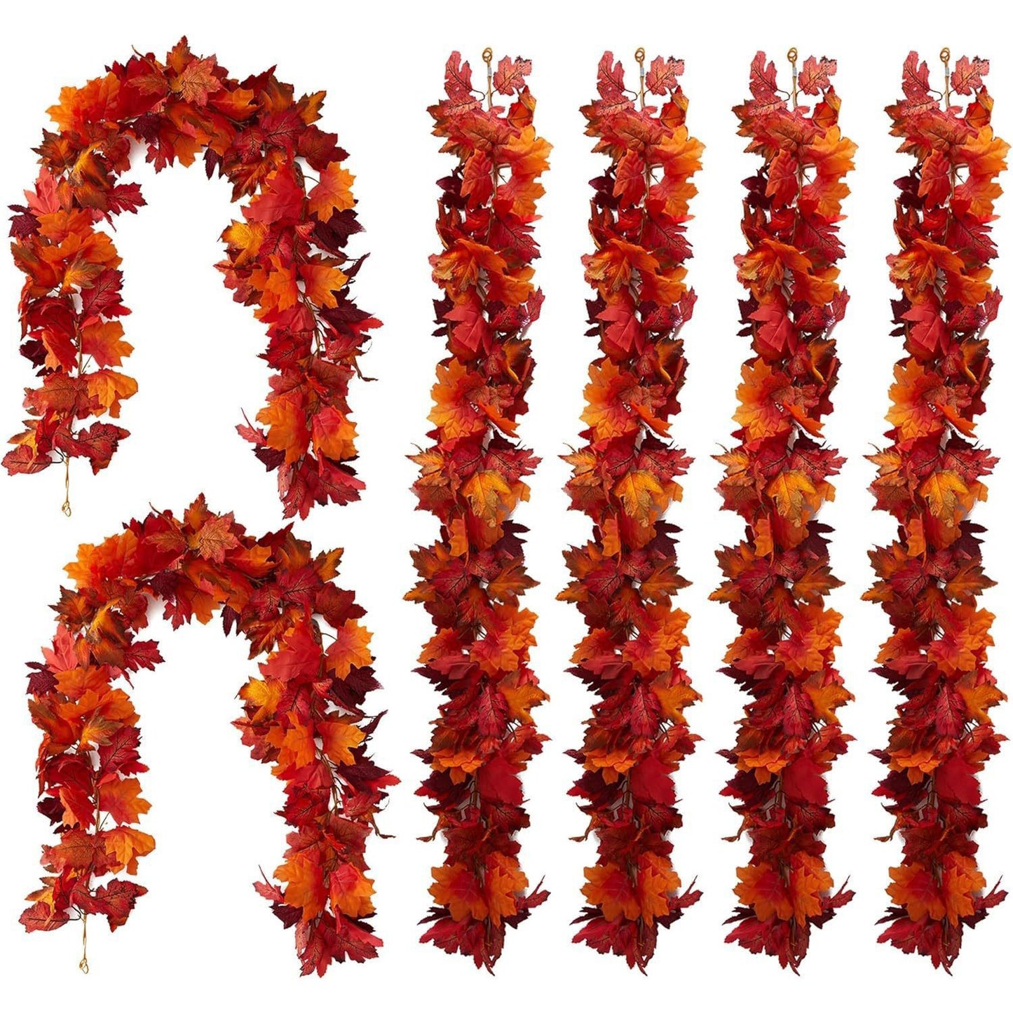 Set of autumn-themed leaf garlands in red and orange on a white background