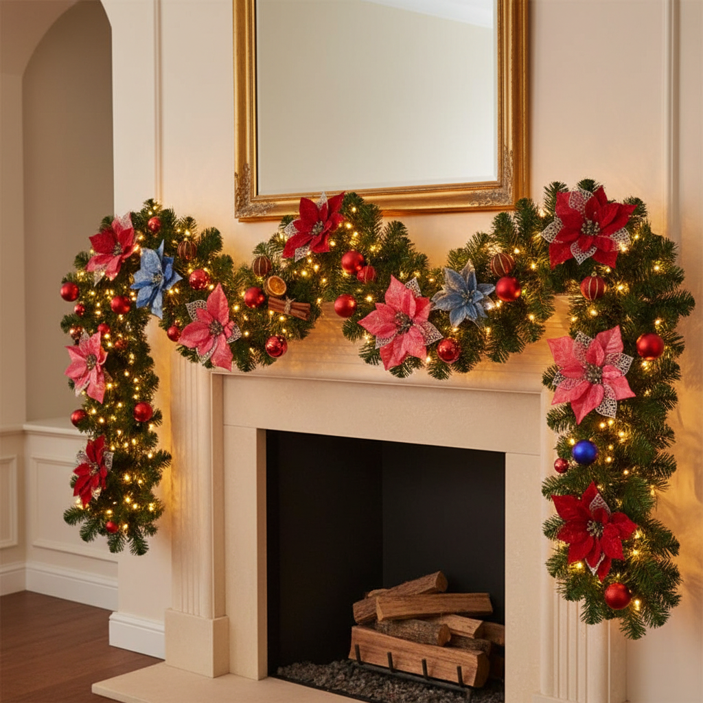 Decorative Christmas garland with lights and flowers on a fireplace mantel.