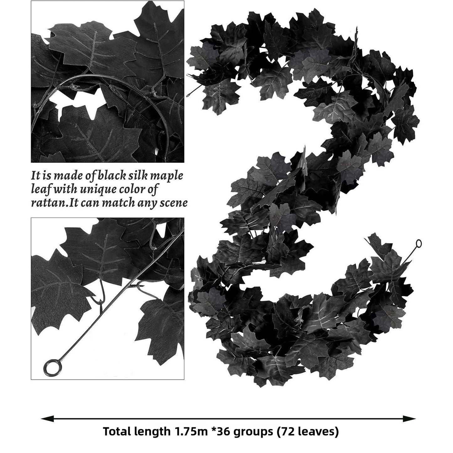Black silk maple leaf garland with text describing its features and dimensions.