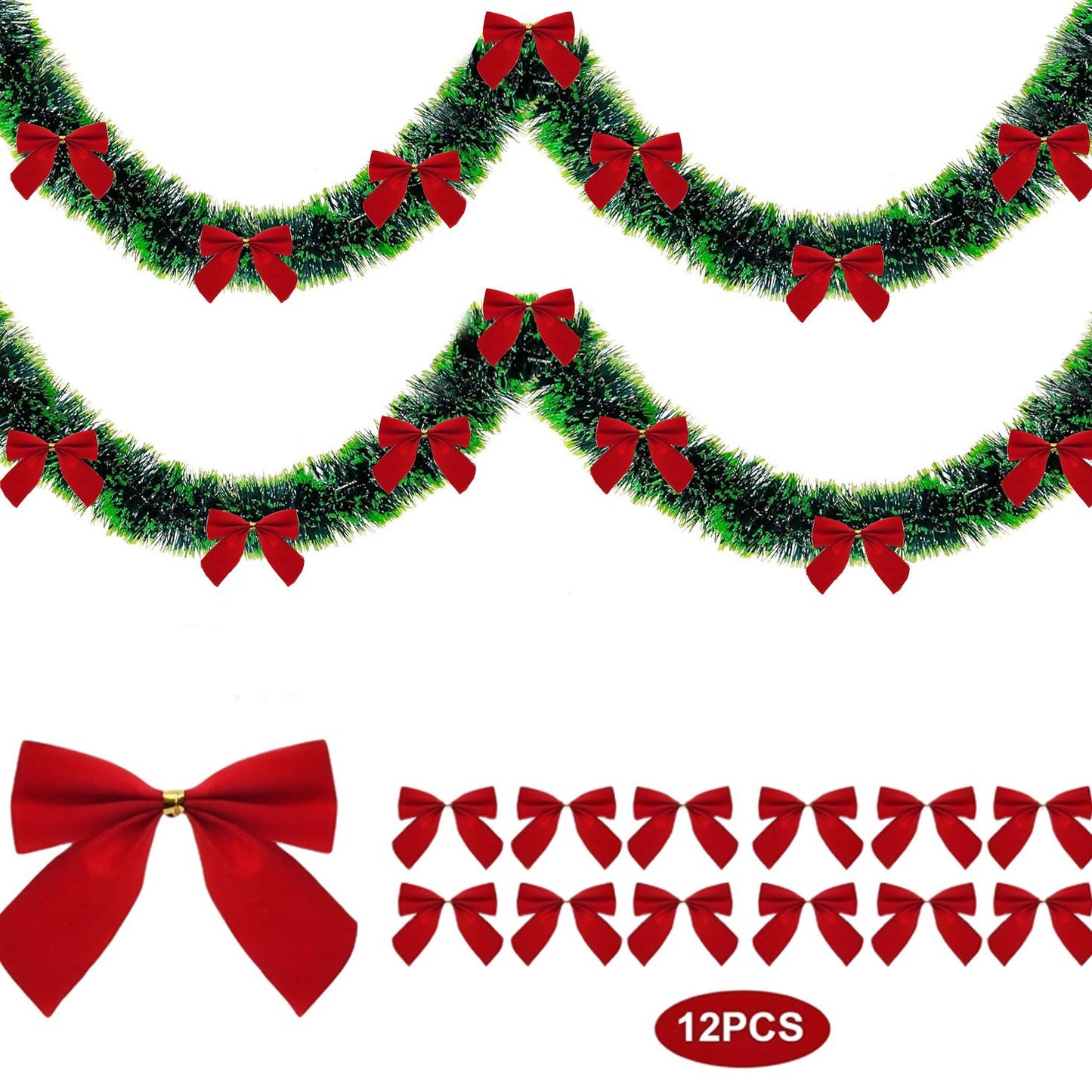 Green tinsel garland with red bows and additional red bows on a white background