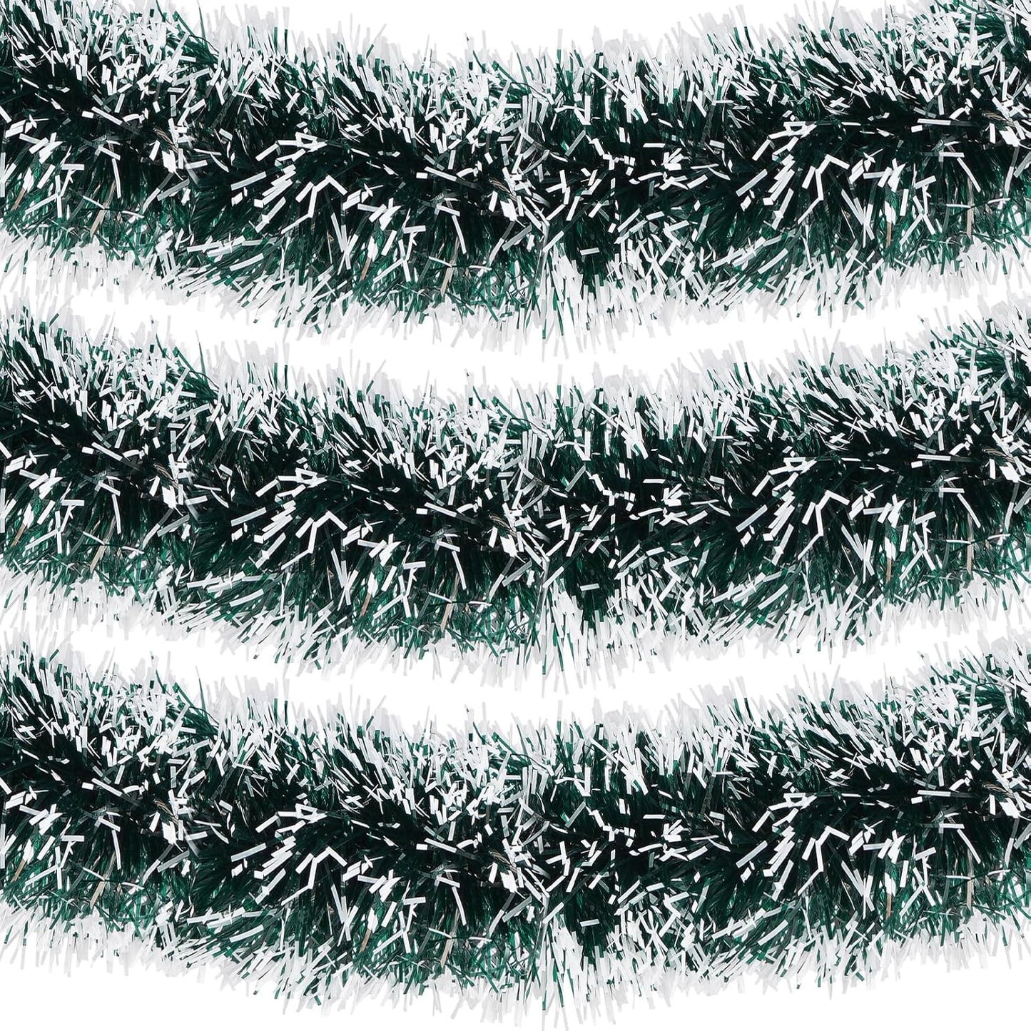 Green and white tinsel garland on a white background