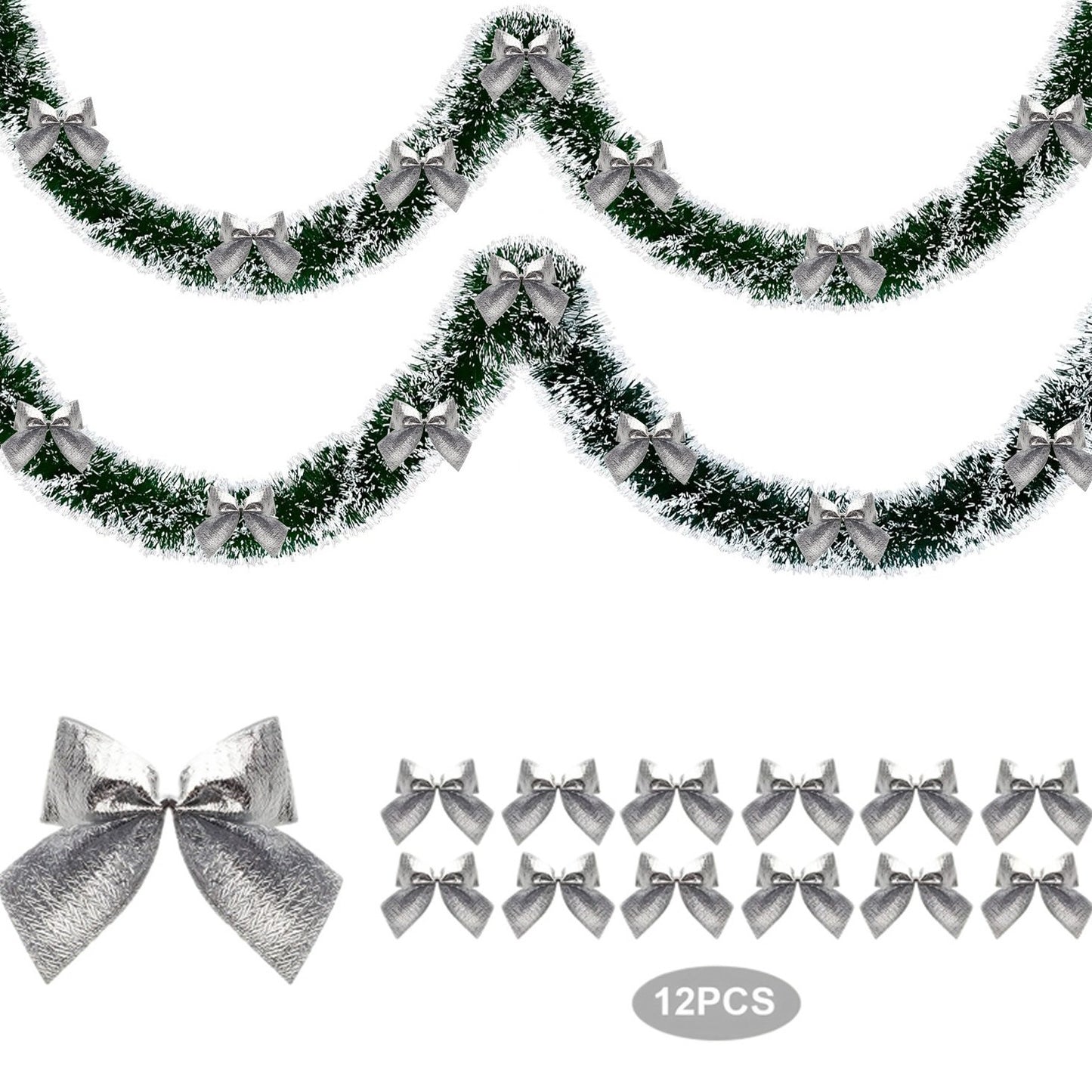 Christmas garland with silver bows and additional silver bows on a white background
