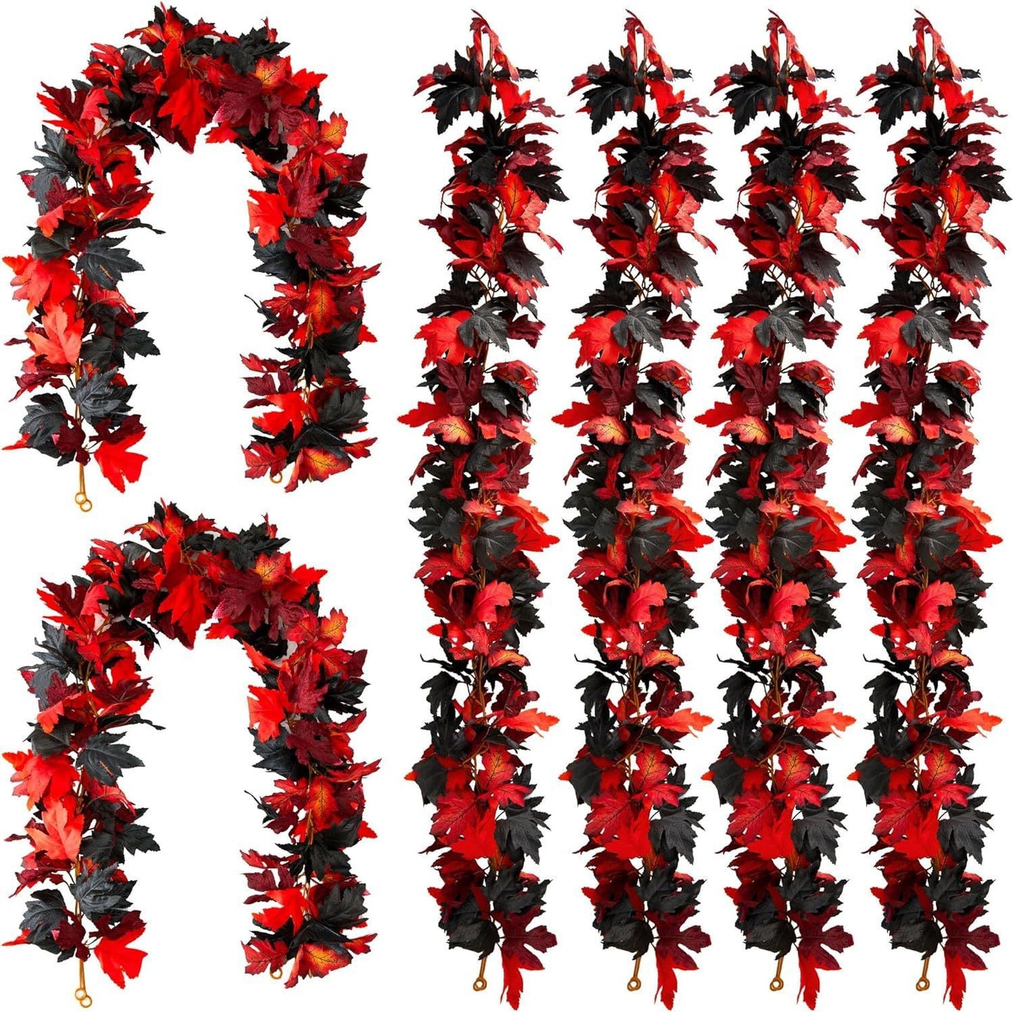 Set of red and black leaf garlands on a white background