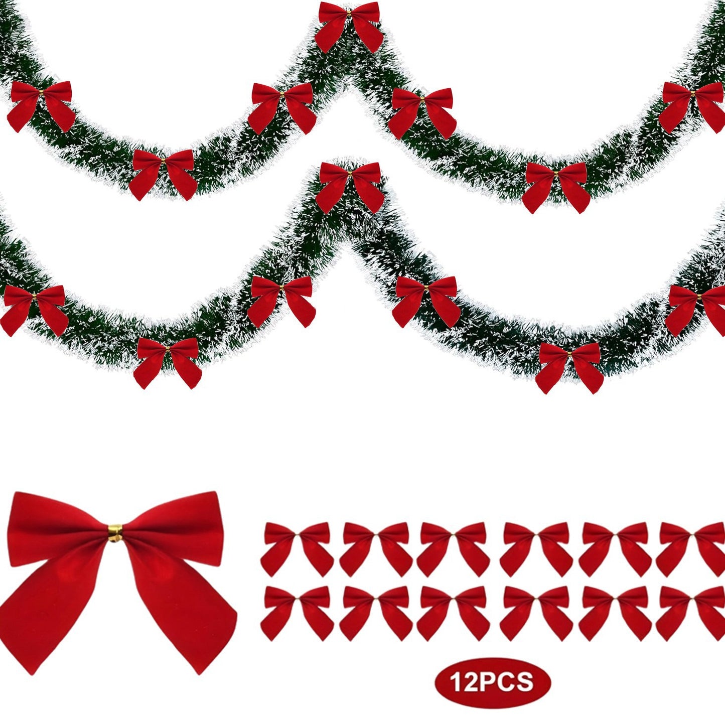 Christmas garland with red bows and additional bows displayed below on a white background