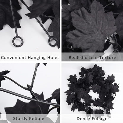 Black artificial leaves with text highlighting features like hanging holes, realistic texture, sturdy petiole, and dense foliage.
