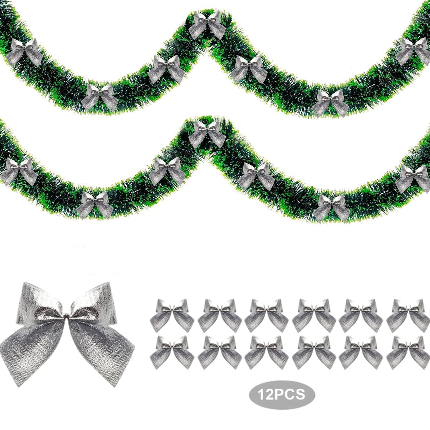 Green tinsel garland with silver bows on a white background
