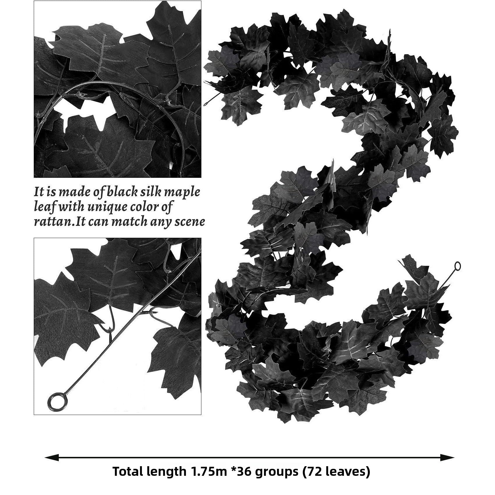 Black silk maple leaf garland with text describing its features and dimensions.