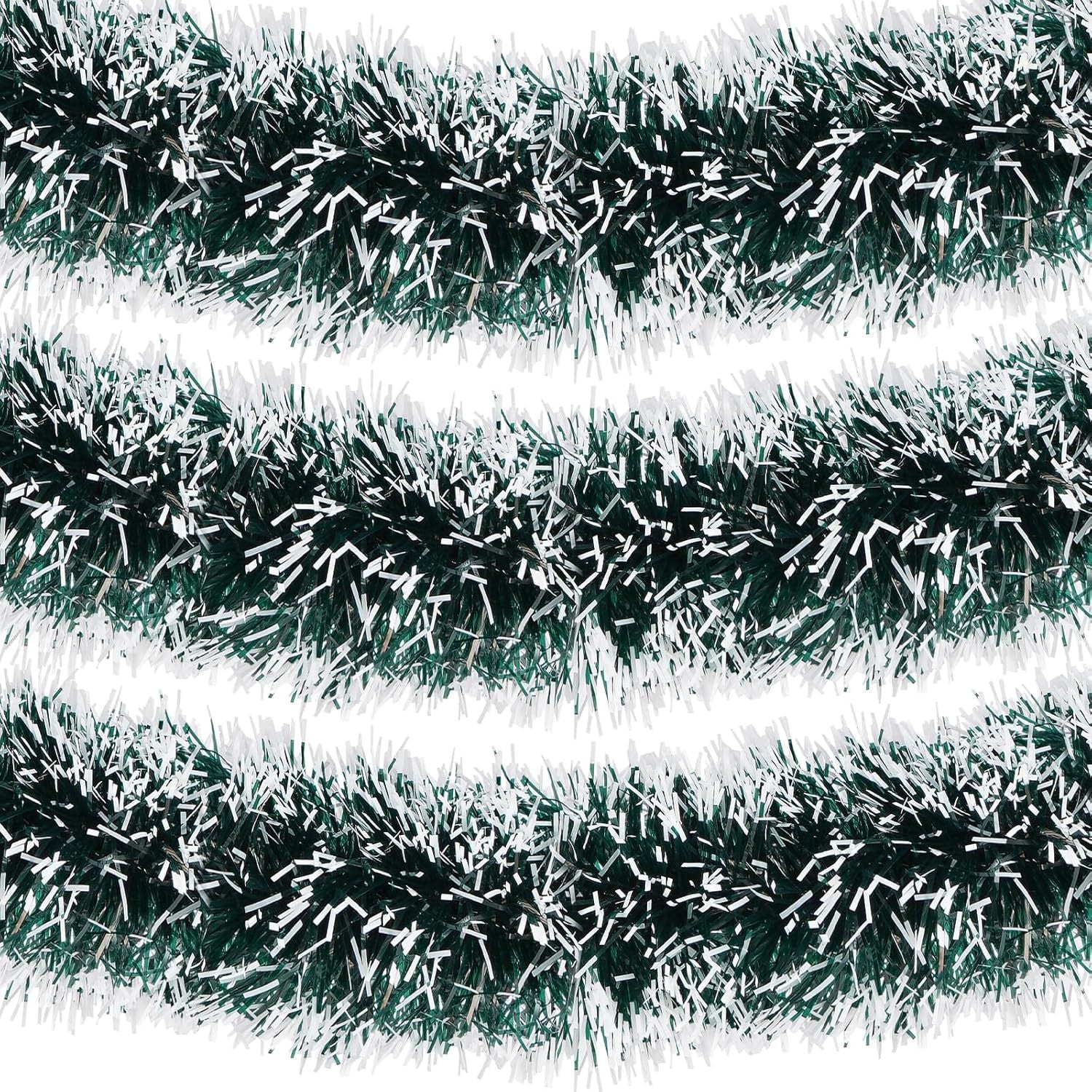 Green and white tinsel garland on a white background