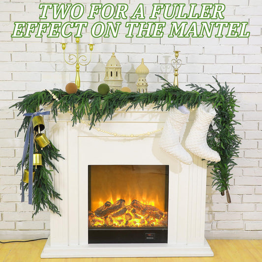 Decorated fireplace mantel with greenery, stockings, and festive decorations against a white brick wall.