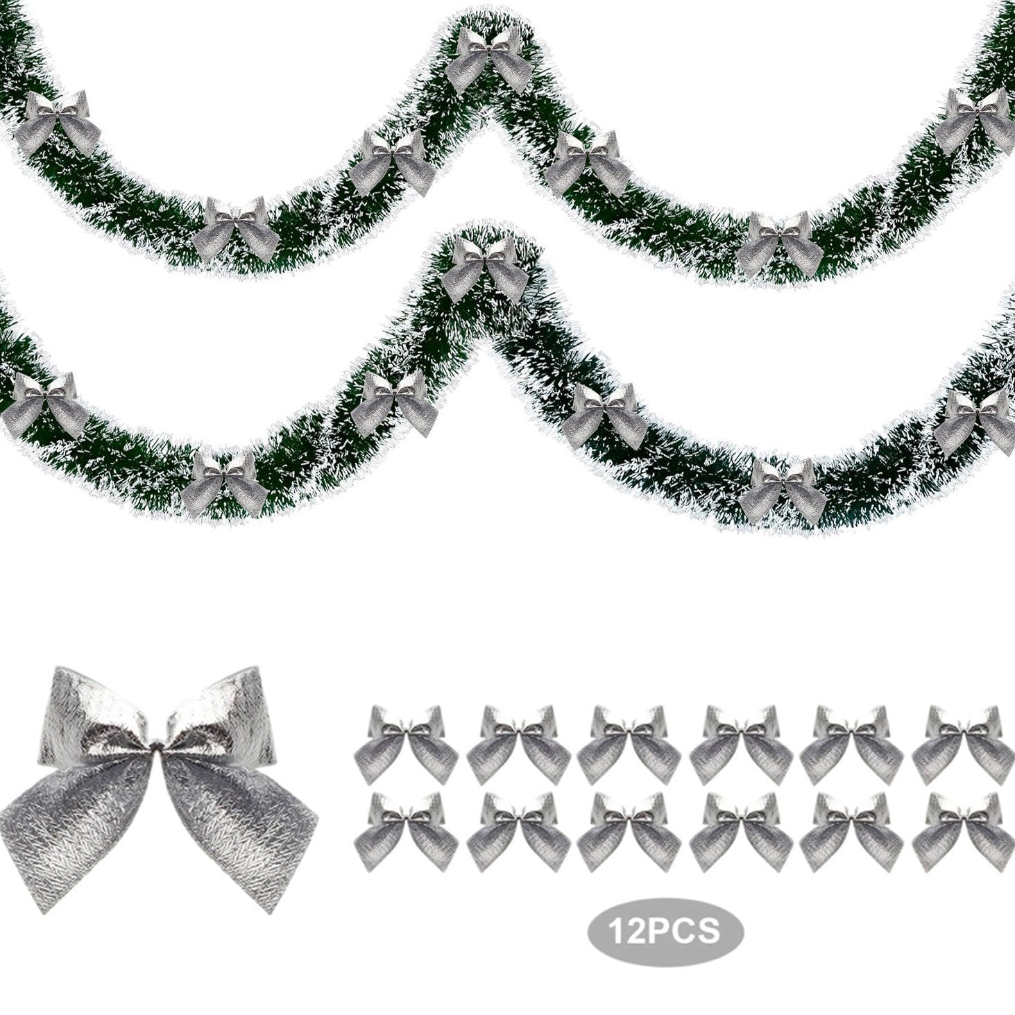 Christmas garland with silver bows and additional silver bows on a white background